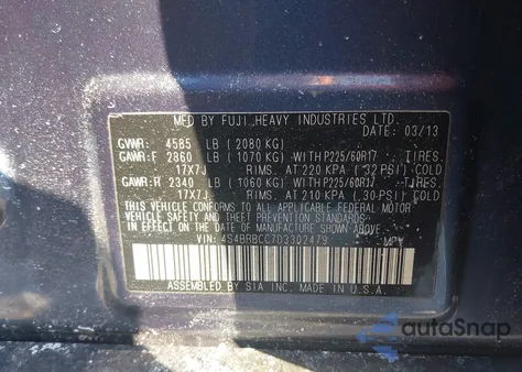 2013 Subaru Outback 2.5I Premium from USA, damaged, VIN 4S4BRBCC7D3302479